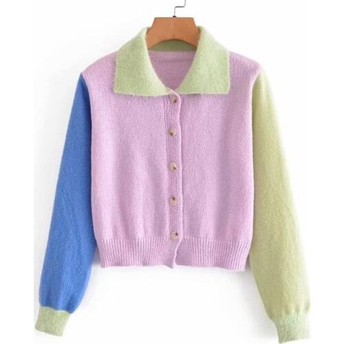 YENKYE Vintage Hit Color Knit Cardigan Women Lapel Collar Long Sleeve Casual Cropped Outerwear Autumn Sweater Tops