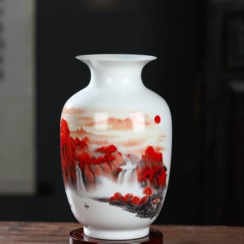 Jingdezheng Ceramic Red Moutain Blue Bird Design Flower Vase Hallway TV Cabinet Flower Arrangement Home Ornaments