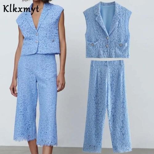 Klkxmyt Za Two Pieces Set Women 2021 Spring Fashion Lace Splicing Cropped Vest And Calf-Length Pants Casual Womens 2 Pieces Sets