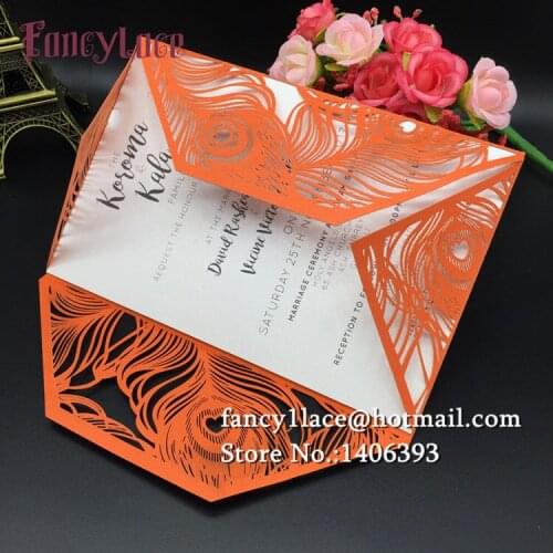 New Arrival 30pcs/lot Customized Invitations Valentines Wedding Party Decoration laser cut diy feather Wedding Invitation cards