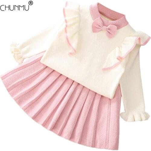 Baby Girls Clothes Autumn Kids Clothes Set For Childrens Suit Bowknot Knitted Pullover Sweater Pleated Skirt 2Pcs Outfits Set