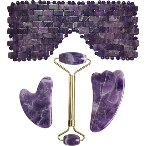 Natural Amethyst Jade Eye Mask Facial Roller Gua Sha Stone Board Gouache Scraper Sleep Eye Curtain Massage Relaxation Beauty Set