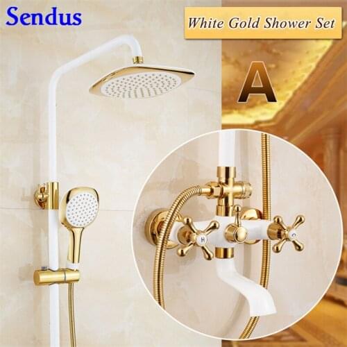 Senducs Luxury gold white bathroom shower set with double leaver bathroom shower faucet brass bathrub faucet rain shower sets