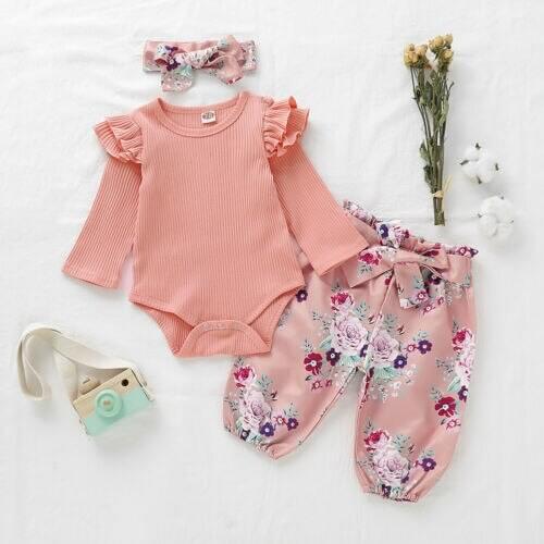 Newborn Infant Baby Girls Pink Bodysuit Flower Printed Long Trousers Bowknot Headband Clothes Outfits