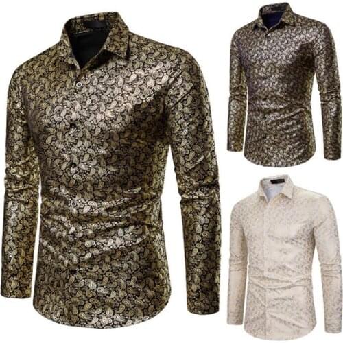 Nightclub bronzing printing shirt mens long-sleeved stage costumes gold shiny clothing European and American retro large size