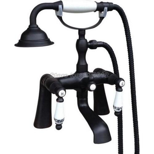 Black Oil Rubbed Bronze Deck Mounted Bathroom Dual Ceramic Handles Bathtub Mixer Tap with Handheld Shower Head Faucet Wtf506