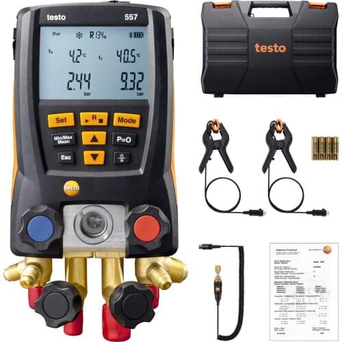 Testo 557 Set 4 Valves Digital Manifold Gauges With Two Clamp Temperature Probes And External Vacuum Probe Via Bluetooth App