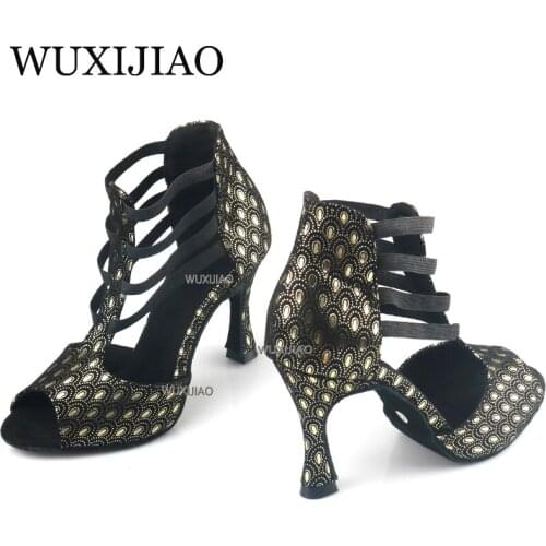 WUXIJIAO Shining Latin Dance Shoes Women Salas Ballroom Dance Shoes Pearl High Heel 9cm Waltz Software Shoes Selling Hot