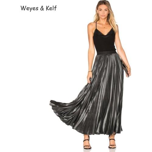 Weyes & Kelf Metal Gloss Long Pleated Skirts Womens Ladies Smooth Bright Silk Ruffles Chiffon Black Long White Skirts For Women