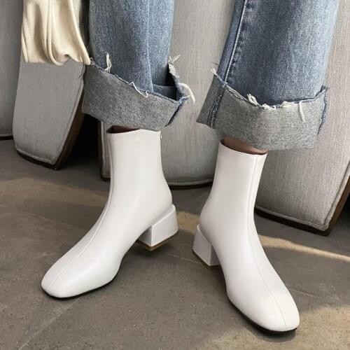 Falajoy Genuine Leather Ankle Boots Women Fashion Square Toe Zip Booties Heels White Black Silver Winter 2021 Plus Size 43 41 42