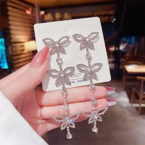 2021 Korean Fashion Jewelry 925 Silver Luxury Cute Long Tassel Crystal Butterfly Earrings Gothic Stud Earrings For Women