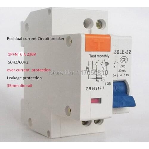 2PCS/lot free shipping 1P+N 6A 230V~ 50HZ/60HZ Residual current Circuit breaker with over current and Leakage protection