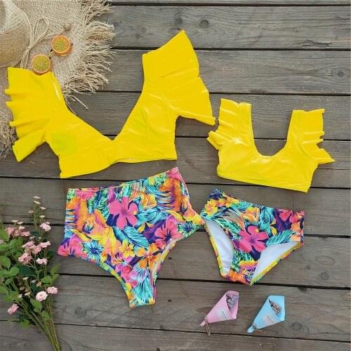 2021 Sexy MOM And Baby Bikini Set Shoulder Ruffle Swimwear Tropical Print High Waist Bathing Suit Beachwear Bqiuini female