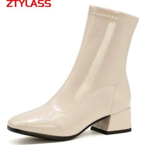 Stretch Boots Fashion Square Toe Ankle Boots Autumn Winter Slip On Women Boots Comfortable Low Heel Ladies Shoes Black White