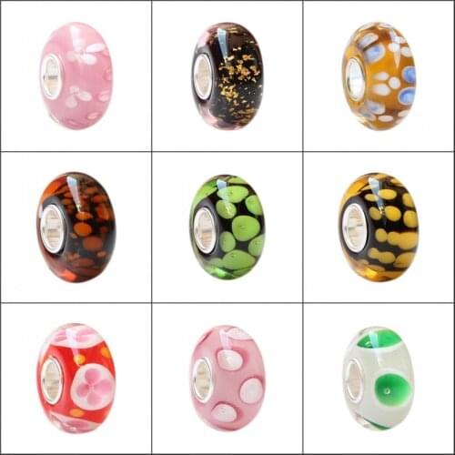 Emith Fla 100% 925 Sterling Silver DIY Flower Lampwork Charm Bead Fit European Bracelet Bangle Jewelry Accessories 7 Colors