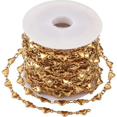 5m Stainless Steel Heart Links Chains roll Golden Beaded Heart Cable Chains for Necklace Bracelet DIY Jewelry Chains 10x4.5x2mm