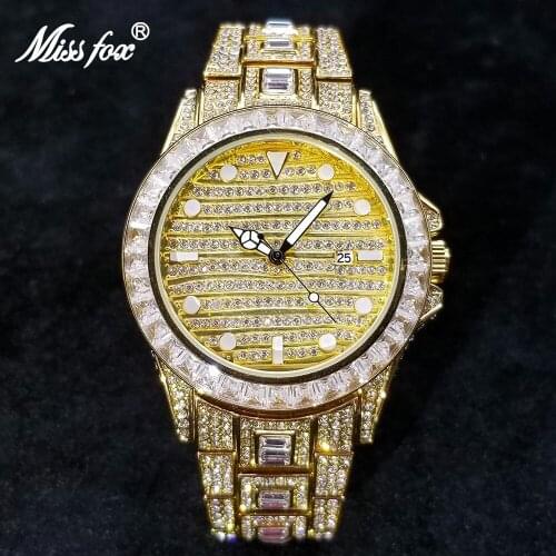 MISSFOX Hip Hop Watches For Men Luxury Full Diamond Iced Out Watch Bling Gold AAA Brand Male Clock Waterproof Relogio Masculino