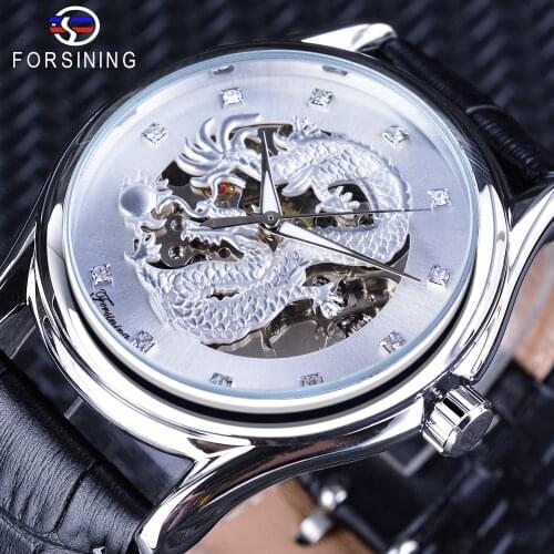 Forsining Fashion Automatic Watches White Chinese Dragon Display Wrist Watch Black Genuine Leather Band Luminous Hands Clock Men