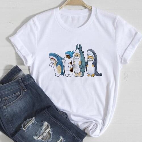 T-Shirt Women Funny Cat Print Summer Fashion Girl T-shirts Top T Shirt Ladies Kawaii Graphic Female Tee T-Shirt Womens Clothing