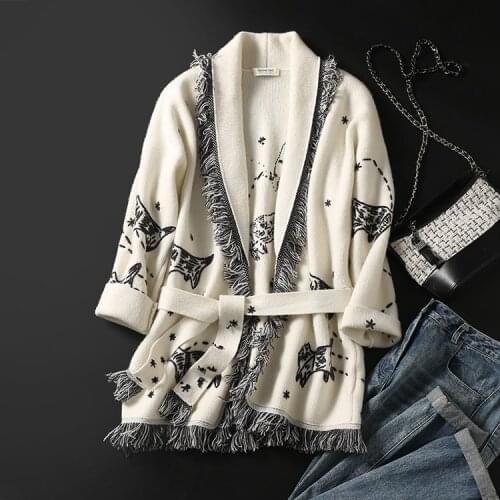 Eliasha Cashmere Knitted Cardigan Sweater 2020 Autumn Winter Sled Dogs Embroidered Fringed Jacket Long Sleeves Sweater Cardigans