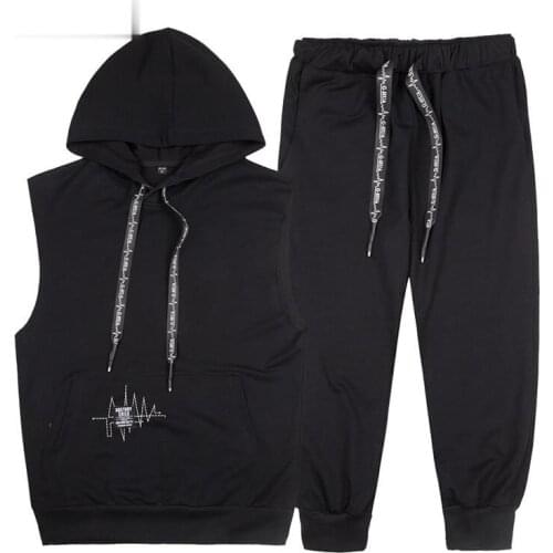 Europe/US Size Tracksuit Men Sleeveless Army Top Tee Fashion Casual Hooded Men Bodybuilding 2 Piece Set Waistcoat Sweat Suit Men