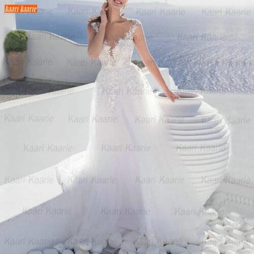 Elegant BOHO Wedding Gowns White 2021 A-Line Vestido De Noiva Tulle Lace Appliques Ivory Trouwjurk Custom Made Bridal Dresses