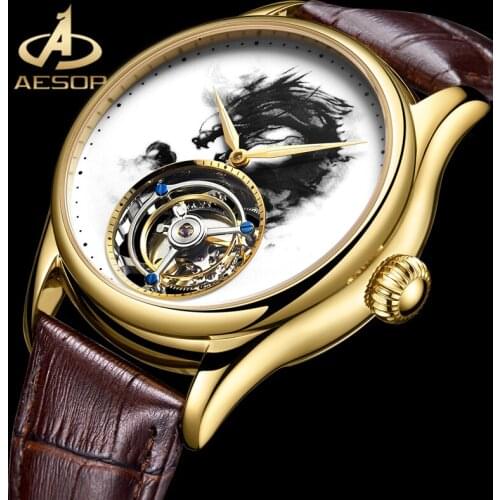 AESOP TOP Real Tourbillon Men Mechanical Watch Waterproof Double-sided Sapphire Glass Ink Painting Dragon Dial Watch