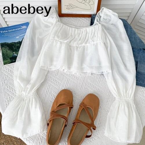 Sweet versatile square collar flare sleeve Shirt high waist pleated short off navel solid Shirt Top 2021 New Spring Autumn