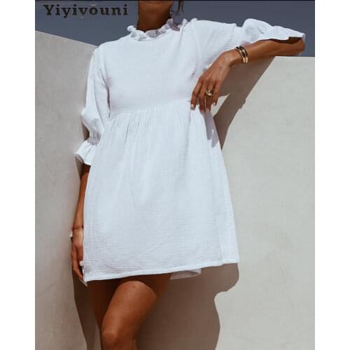 Yiyiyouni Spring High Waist White Ruffles Dress Women Loose Flare Sleeve Mini Dress Women O-Neck Cotton Sweet Dress Female 2021