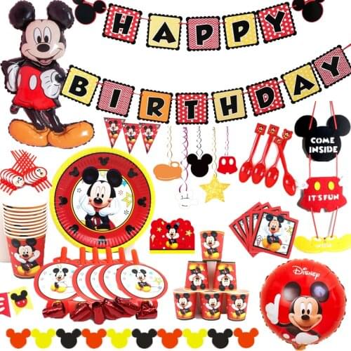 Cartoon Mickey Mouse Birthday Party Decor Kids 1st Celebration Party Napkins Cup Plate Flag Disposable Tableware Supplies
