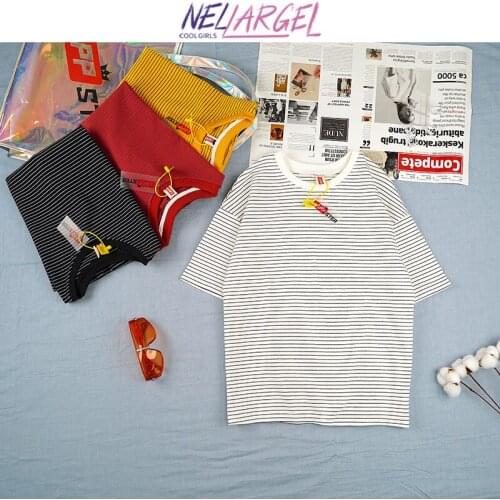 NELLARGEL Women Striped Y2k Graphic Harajuku T Shirts 2021 Summer Female Vintage Korean Fashion T Shirt Girl Designer Kpop Tees