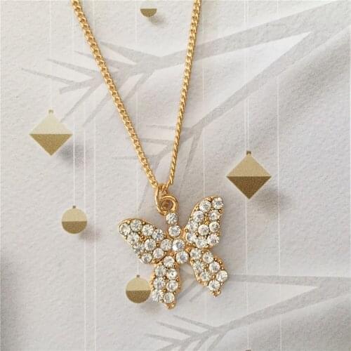 New Lovely Gold Color Plating Clear Stone Decorated Butterfly Pendant Layered Necklace For Women Girl Party Accessory Jewelry