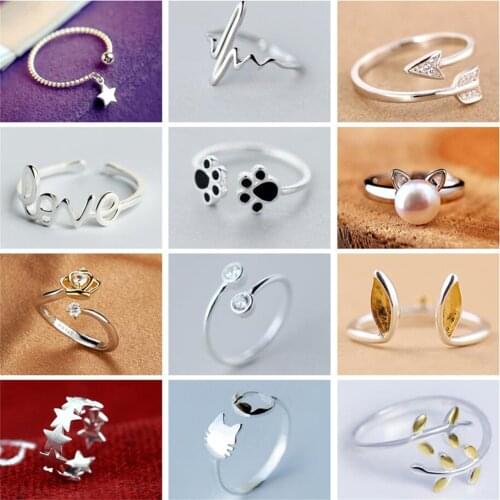 QIAMNI Trendy Love Heart Beat Arrow Crown Zircon Finger Ring Birthday Gift Star Dog Cat Rabbit Leaf Open Ring Christmas Jewelry