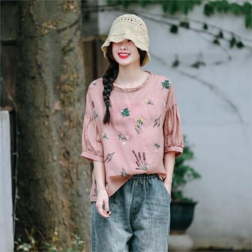 New 21 Women Shirts Summer Sweet Style Printed Loose Half Petal Sleeve Embroidery Female Fashion Tops Ramie Wild
