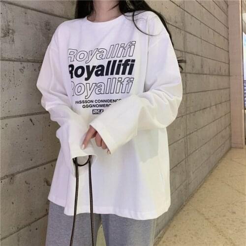 Early Autumn Womens Long-Sleeved T-Shirt Loose Round Neck Letter Printing Casual All-Match Trend Cotton Womens Top