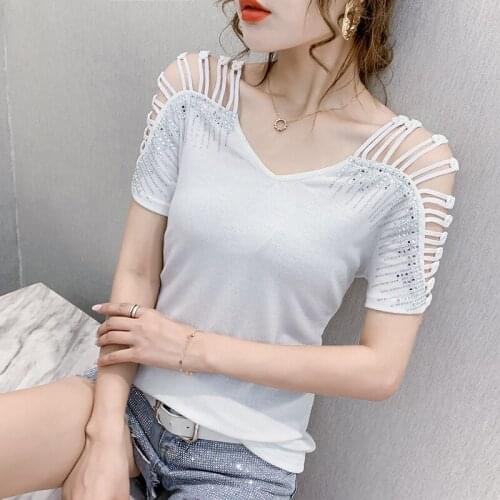 Gkfnmt Sexy V-Neck Off Shoulder Tops T shirt Women Tops Summer Top Female Tshirt Hollow Out Diamond Short Sleeve Tee Shirt Femme
