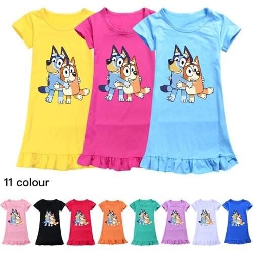 Girl Bl-ueys Nightgown Birthday Gift Sleepwear Dress Toddlers Colorful Cotton Gown Short Sleeve Dress 2T to 12T Available