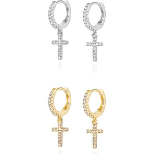 Gold Silver Color Brilliant Crystal Zircon Classic Cross Dangle Huggie Hoop Earring For Women Girls Jewelry Pendientes Wholesale
