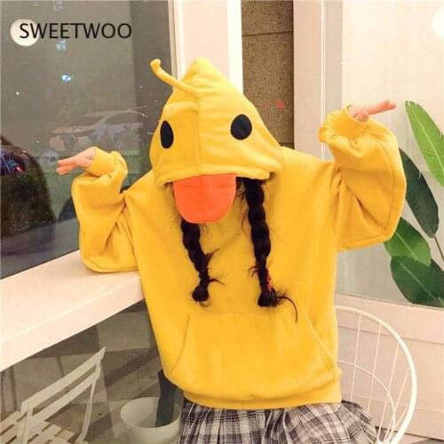 Kawaii Duck Hoodies Women Long Sleeve Cute Tops for Teens Korean 2021 Fashion Winter Yellow Casual Pullover Soft Girls