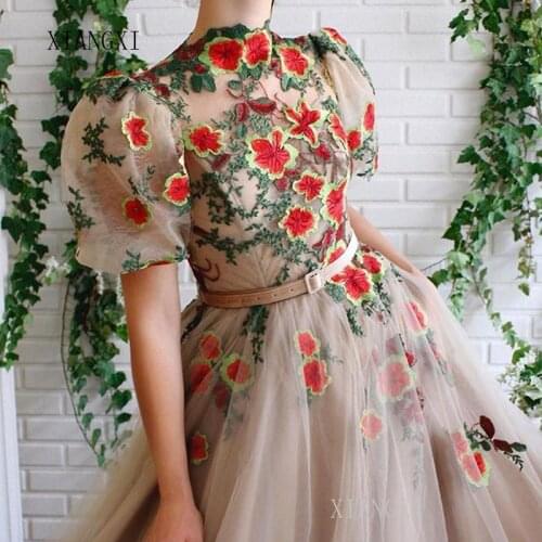 Youthful Long Evening Dress 2020 High Collar Half Sleeves 3D Flower Evening Dresses Prom Party Dress Formal Gown vestidos
