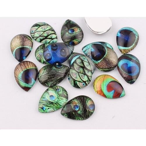 18*25mm Waterdrop GlassCabochon Feather Pictures Mixed Pattern Fit Base Setting For Jewelry Embellishment Flatback 16pcs/lot