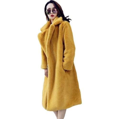2021 Yellow Faux Fur Coat Women New Autumn Winter Plus Size Fashion Keep Warm Long Tops Black Pink Faux Rabbit Fur Jacket N1253