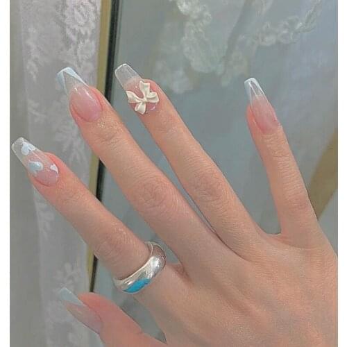 24pcs Fake Nails With Glue Ballet French Wear Long Paragraph Fashion Manicure Patch False Nails Save Time Wearable Nail Patch DL