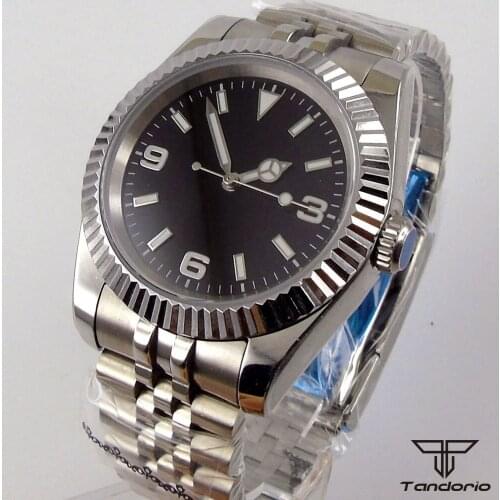 36mm tandorio MIYOTA 8215 Movement Mens Watch Black Dial Sapphire glass Date Steel Bracelet