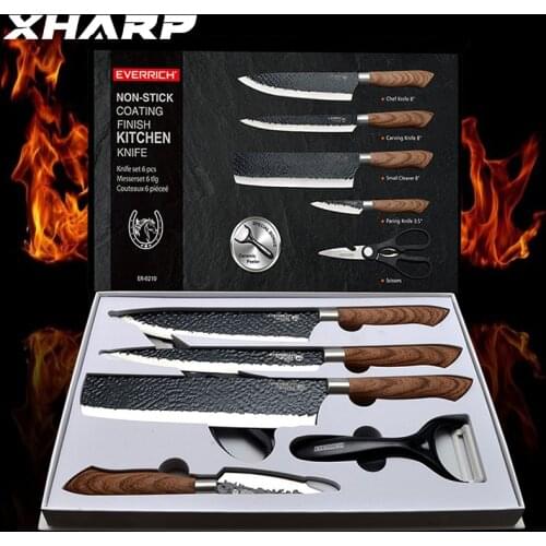 Forged Stainless Steel Kitchen Knives 6 Pcs Set Kitchen Knife Scissors Ceramic Peeler Chef Slicer Nakiri Paring Knife Gift Case