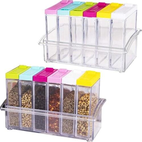 6Pcs Transparent Spice Jar Set Salt and Pepper Seasoning Box Holder Colorful Lid Kitchen Condiment Cruet Kitchen Storage