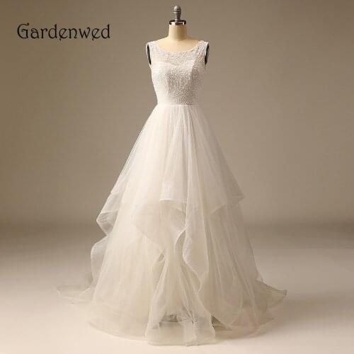 Sparkly Scoop Ruffles Wedding Dresses Beaded Bodice Criss Cross Straps Bridal Gowns Tiered Tulle Skirt