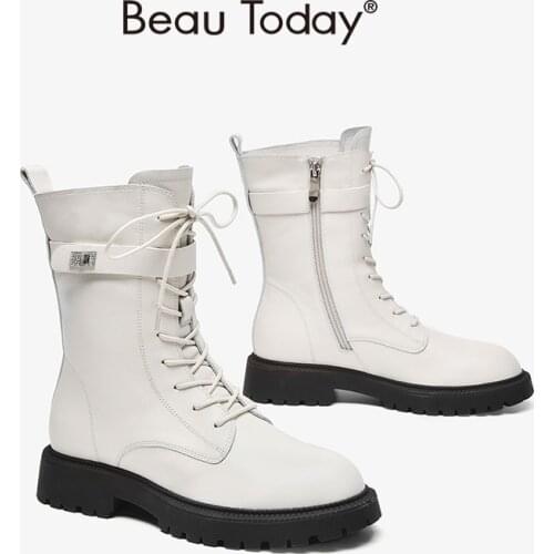 BeauToday Ankle Boots Women Genuine Cow Leather Side Zip Welt Strap Button Round Toe Fashion Lady Shoes Handmade 02363
