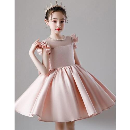 Kids Girl Party Dress Flower Girl Dresses For Wedding Pearls Beading Flying Sleeve Bow Princess Ball Gowns Children Formal Dress