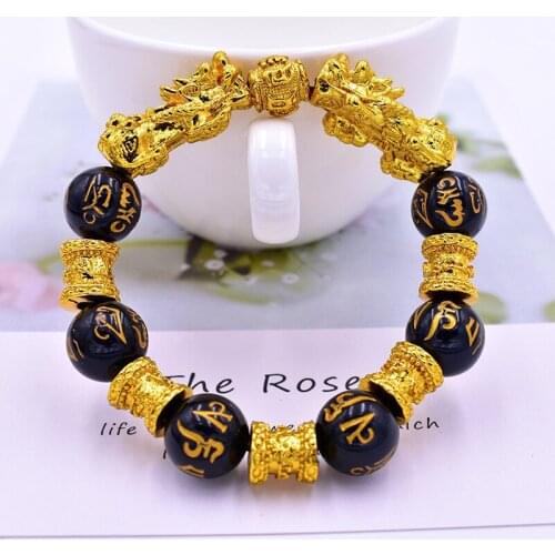 Feng Shui Stone 14mm Beads Bracelet Men Women Unisex Wristband Gold Black Pixiu Wealth Good Luck Charm Women Bracelet Jewelry